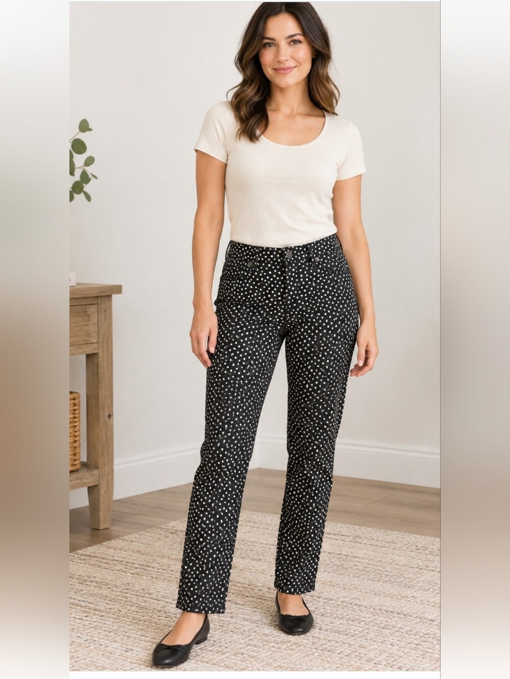 LOFT Modern Straight Polka Dot Pants Black Cream Size 6P Petite